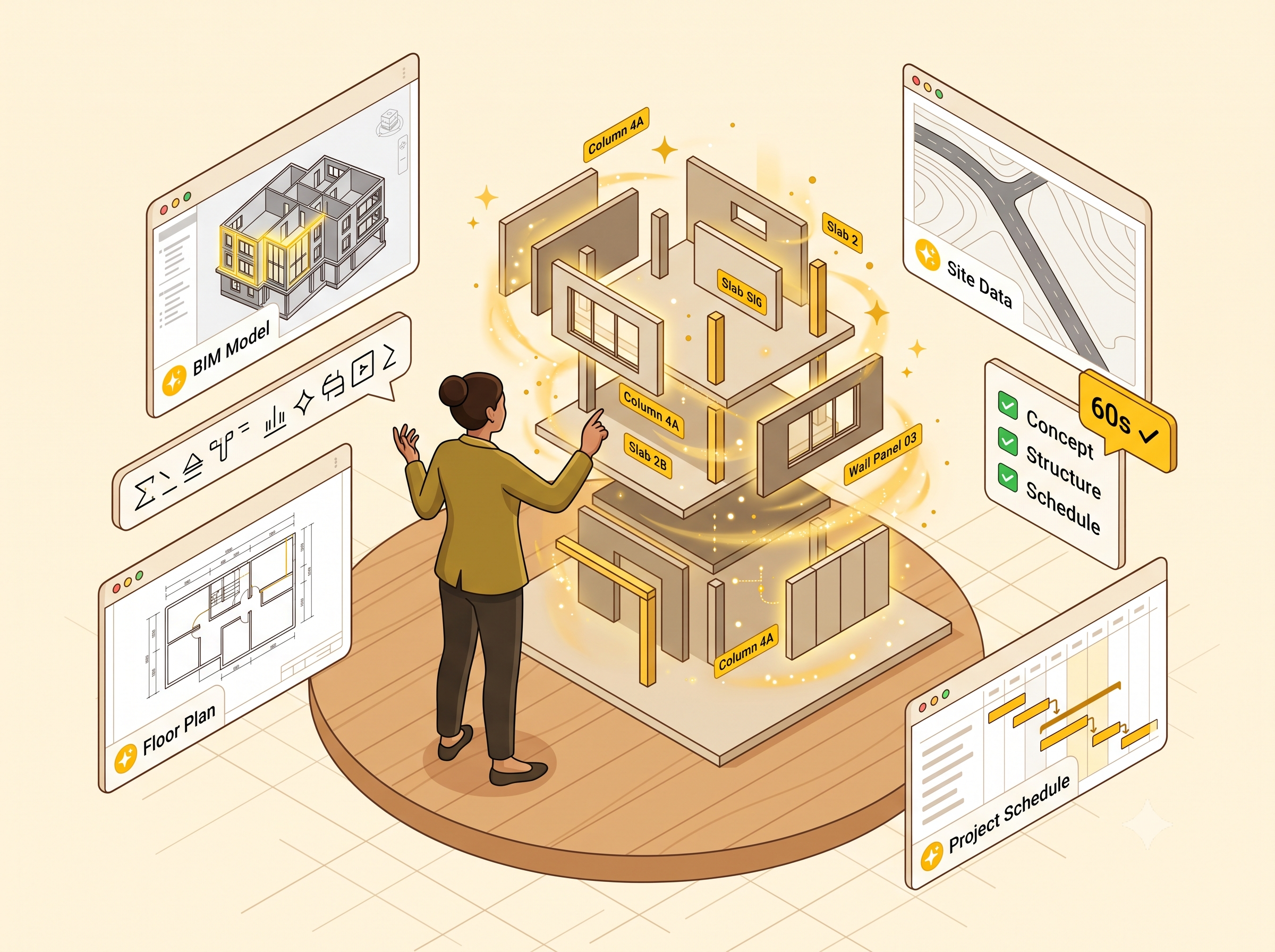 An architect directs the BINAXONE AI copilot, which assembles the BIM model, floor plans, site data, and project schedule automatically